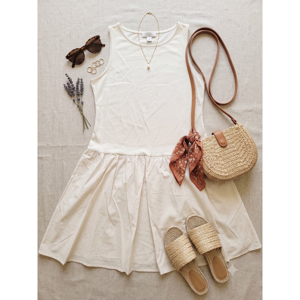 A New Day Drop Waist Dress Womens M Cream Sleeveless Boat Neck Gathered